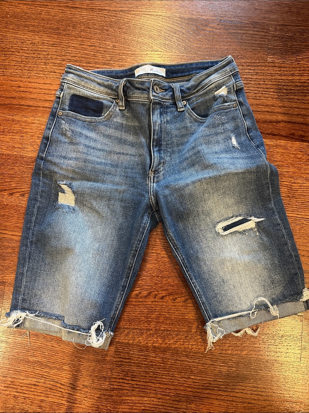 KanCan Distressed Mid-Rise Denim Bermuda Shorts - Blue